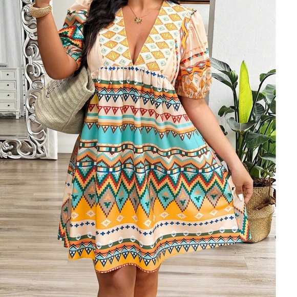 Dresses & Skirts - Plus V neck Tribal Geo Print Puff Sleeve Mini Dress